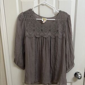 Fig and Flower Gray Crochet Accent Blouse